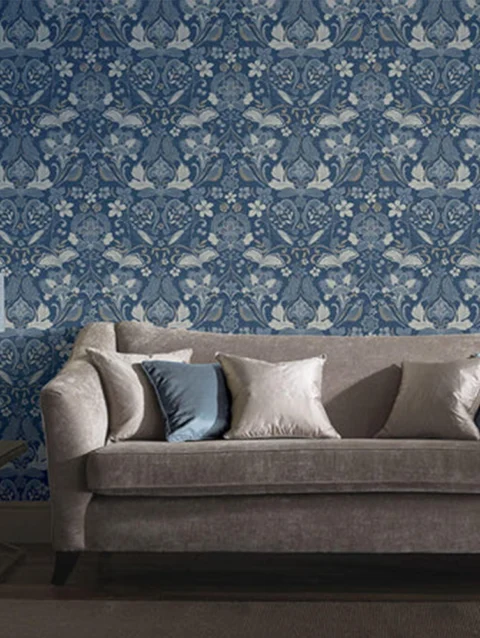 WinkDecor Folk Floral Denim Blue Wallpaper | 50″ sqft.