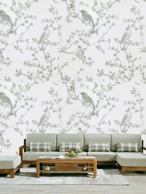 WinkDecor White Charming Birds Textured Wallpaper | 50″sqft