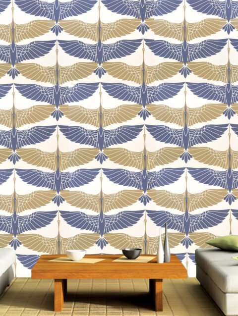 WinkDecor Oriental Cranes Gold Navy Wallpaper  | 50″sqft