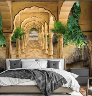 3D Palace With Green Leaf Wallpaper For Wall