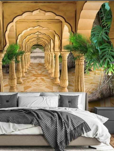3D Palace With Green Leaf Wallpaper For Wall