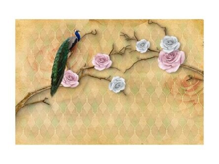 Beautiful Pink and White Flower and Peacock Sitting Wallpaper - Image 2