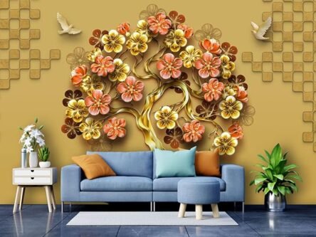 Golden And Pink Flower And Golden Tree Wallpaper