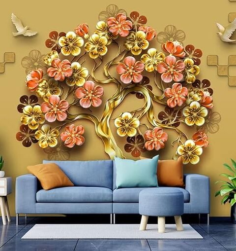 Golden And Pink Flower And Golden Tree Wallpaper