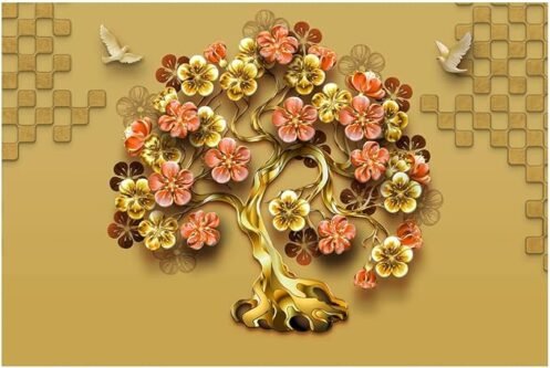 Golden And Pink Flower And Golden Tree Wallpaper - Image 2