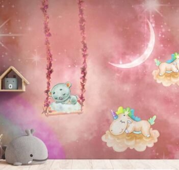 Rainbow and Cute Animals Wallpaper For Kids Room