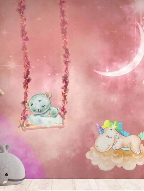 Rainbow and Cute Animals Wallpaper For Kids Room