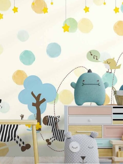 Topli Cartoon Zebra Fantasy Blue Mushroom Trees Wallpaper