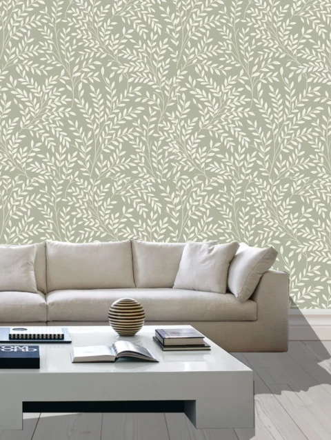 Easy Green Leaves Textured Wallpaper For Living Room