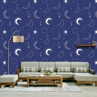 Navy Blue Moon Stars Wallpaper For Home Wall