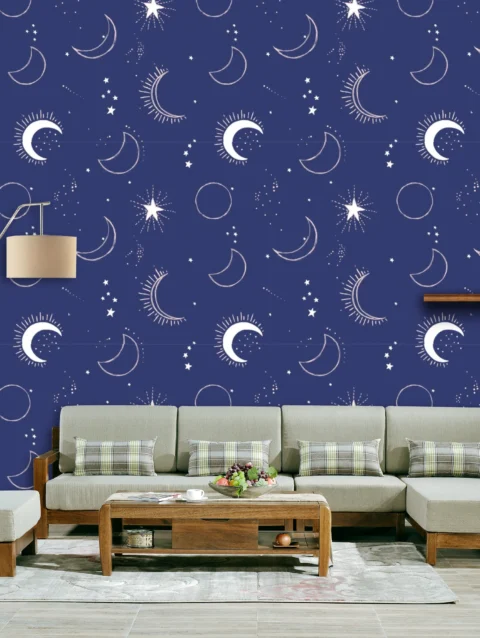 Navy Blue Moon Stars Wallpaper For Home Wall