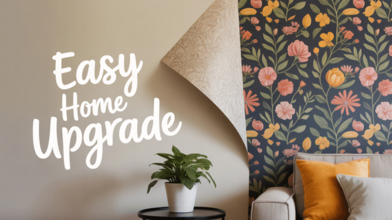 Floral self-adhesive wallpapers being applied on a wall with text “Easy Home Upgrade,” a cozy sofa, and indoor plant.