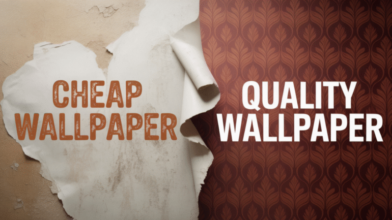 Comparison of cheap wallpaper peeling off a wall versus durable quality wallpaper with elegant patterns. Cheap Wallpapers vs Quality Wallpapers