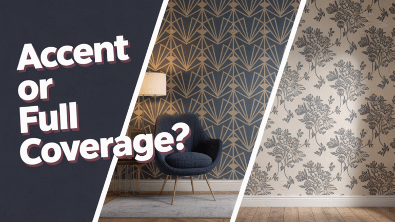 Accent wall wallpaper with geometric design and full coverage floral wallpaper in modern home interior