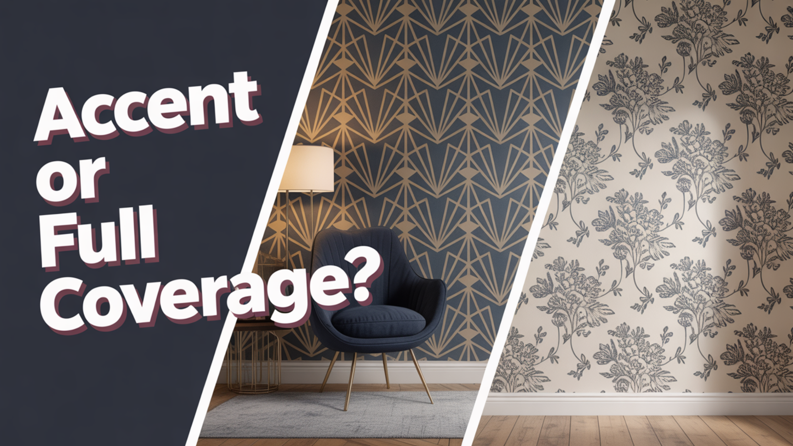 Accent wall wallpaper with geometric design and full coverage floral wallpaper in modern home interior